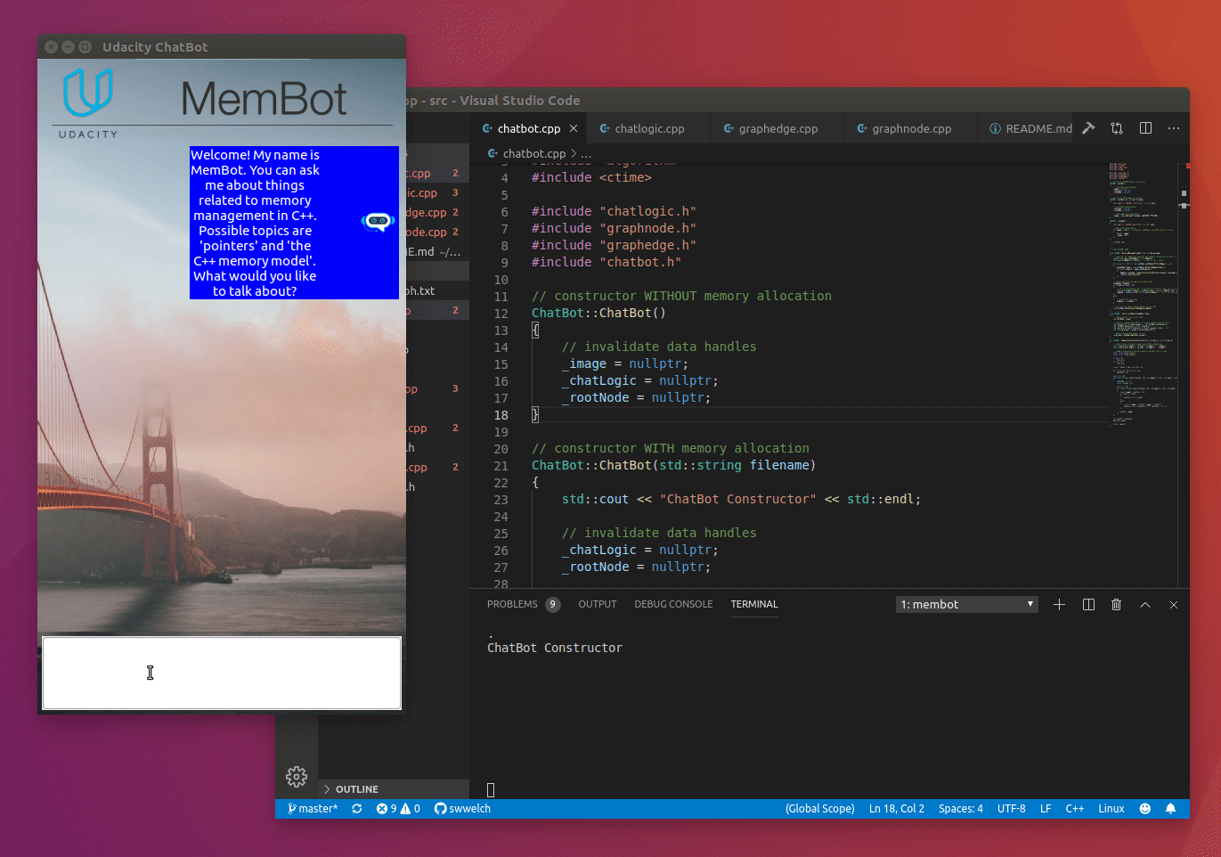 Demonstration of the C++ MemBot chat interface running alongside the VS Code source code
