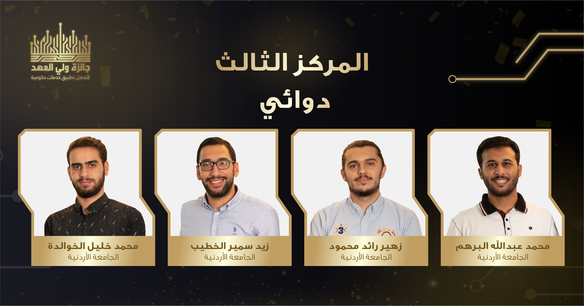Crown Prince Award announcement banner presenting the 3rd place winning Dawaie team with portraits of Mohammad and his teammates