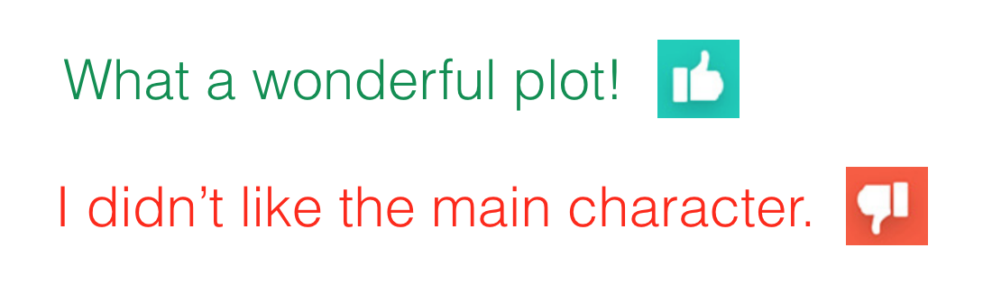 Example positive and negative movie reviews paired with thumbs-up and thumbs-down sentiment indicators